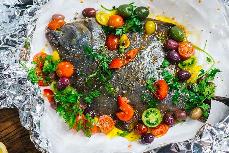 Baked NZ Flounder with Cherry Tomato, Olive and Mixed Herbs