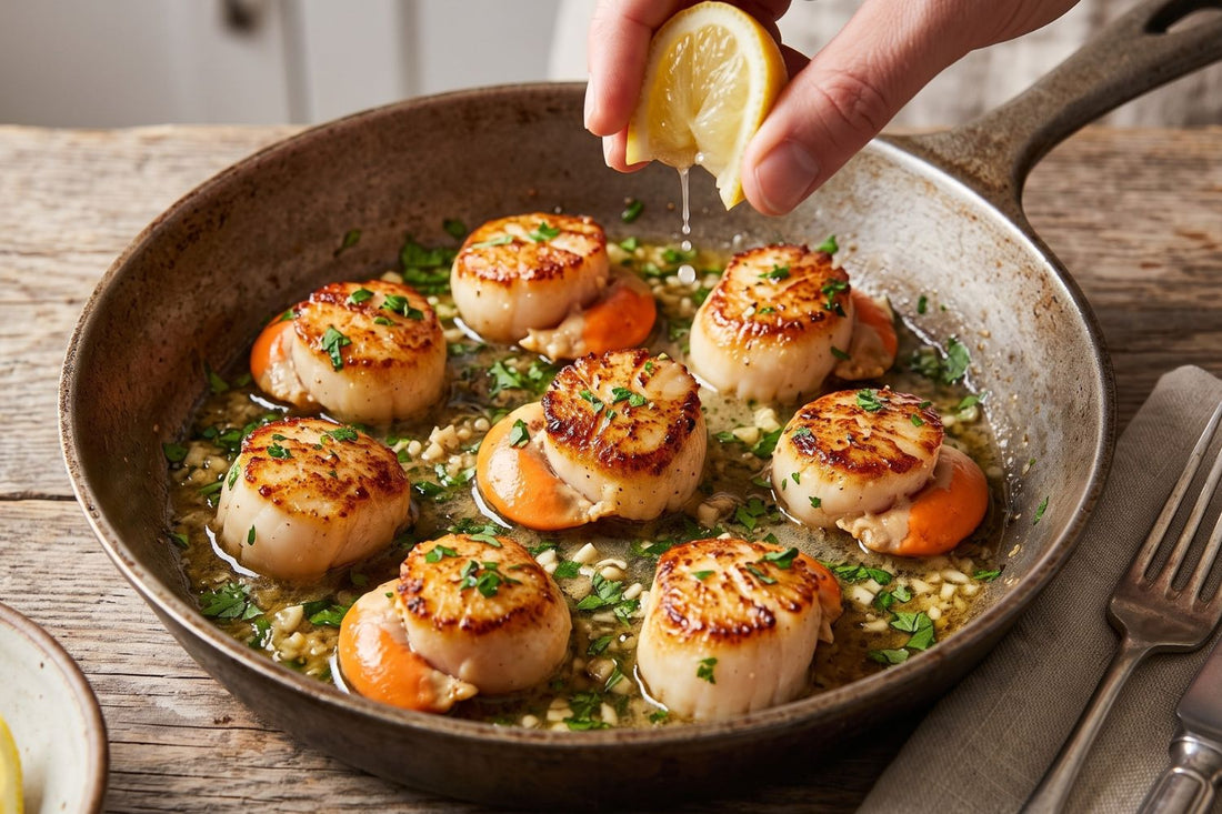 Pan-seared Flinders Island scallops with roe on, basted in a sizzling garlic butter sauce with fresh parsley and lemon squeezed over a cast-iron skillet