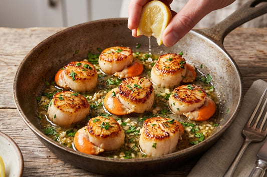 Pan-seared Flinders Island scallops with roe on, basted in a sizzling garlic butter sauce with fresh parsley and lemon squeezed over a cast-iron skillet