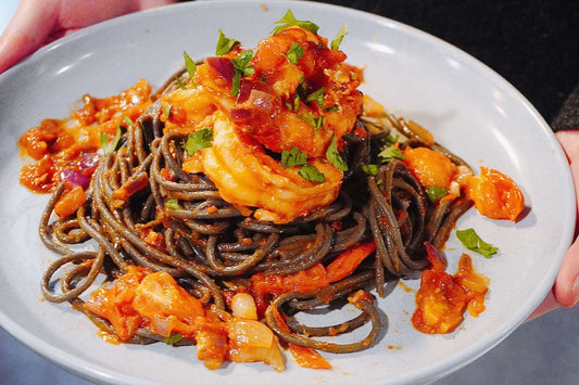 Garlic Prawns & Tomato Squid Ink Linguine