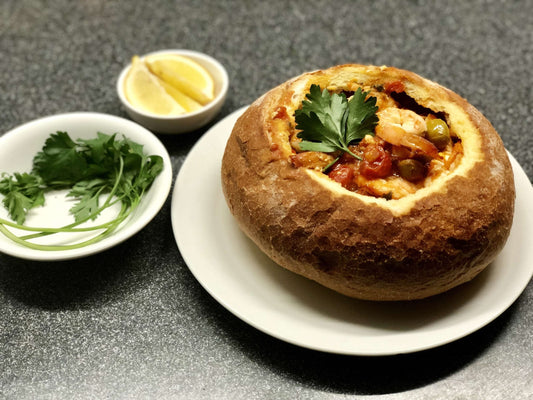 Greek Style Prawns in Crusty Bread Bowl