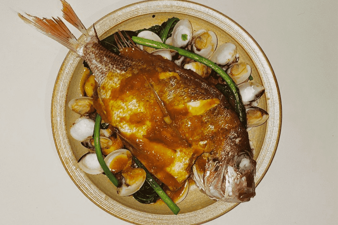 SakaMushi Snapper with Shiitake, Gai Lan & Pippies