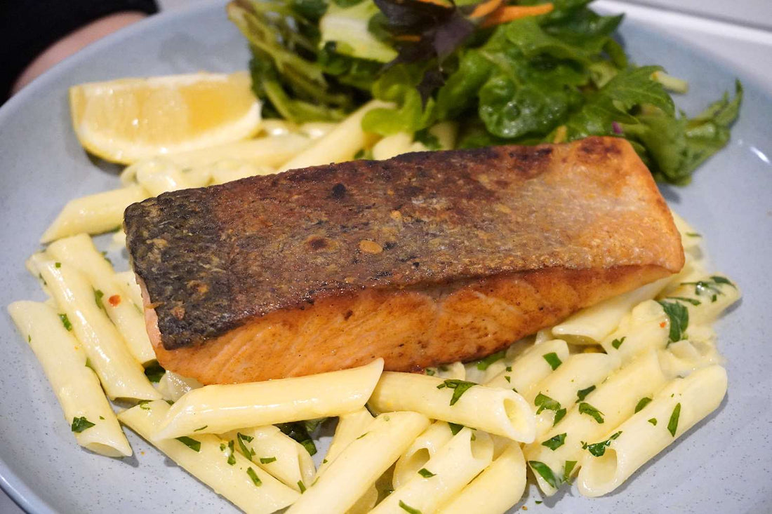 Creamy Pasta with Crispy Skin Salmon