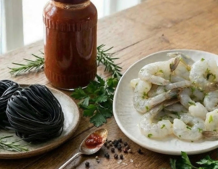Garlic-Prawns-Squid-Ink-Pasta-Box-Manettas-Seafood-Market